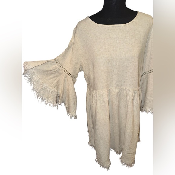 PINKBLUSH Beige Raw Edge Bell Sleeve Babydoll Maternity Dress Size Medium - Picture 7 of 10